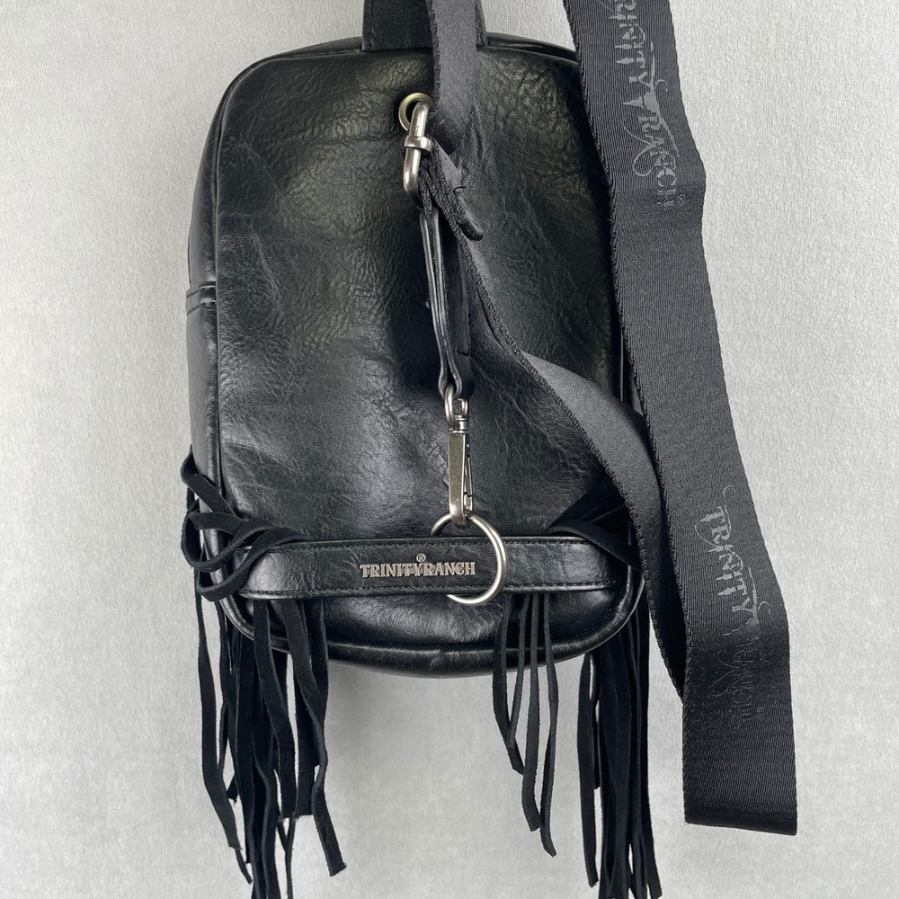 Trinity Ranch Black Leather Fringe Sling Bag Floral Embossed Hair Hide Crossbody - Picture 5 of 11